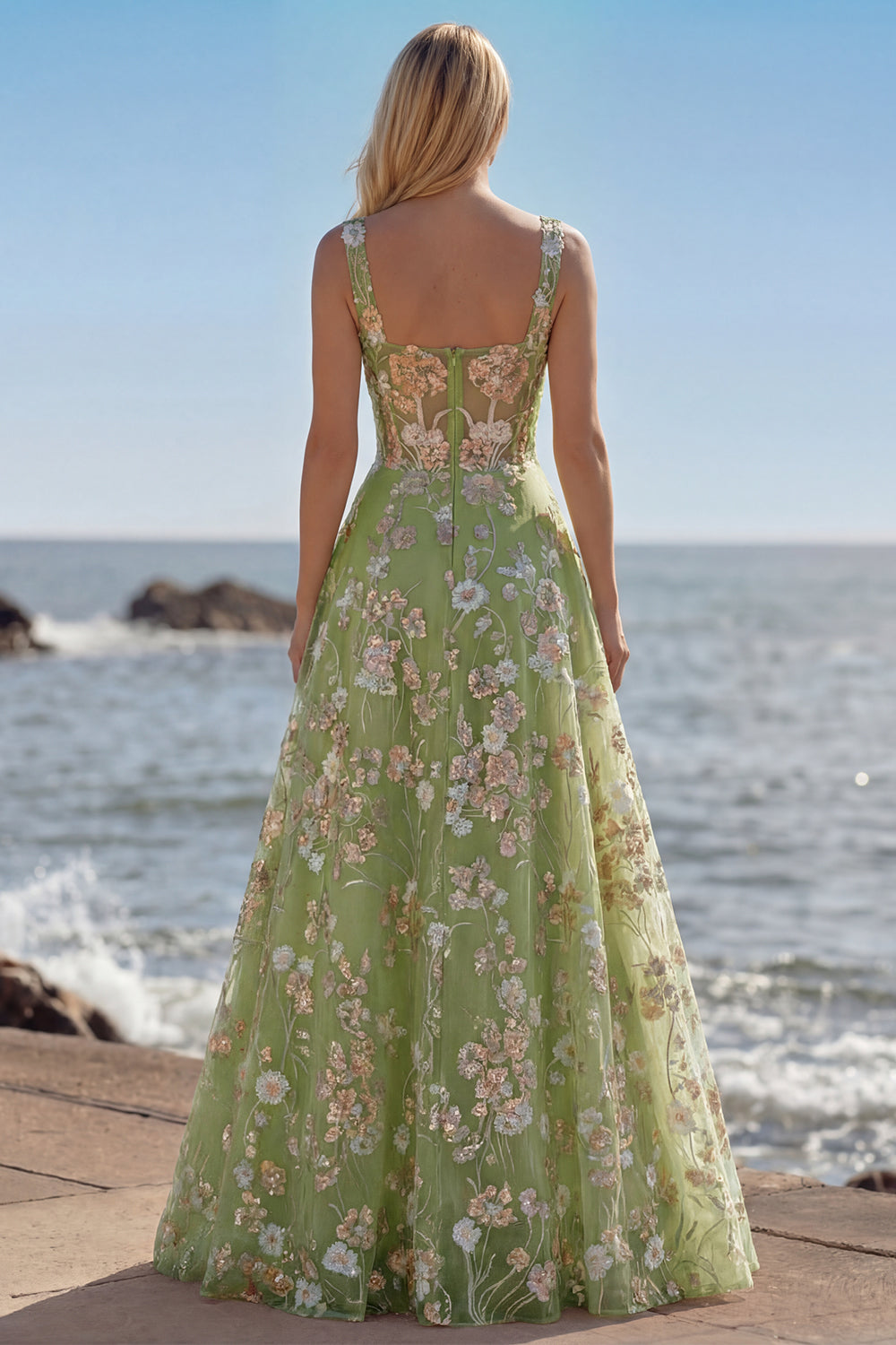 Pink Corset A-Line Embroidered Long Floral Prom Dress with Sequins