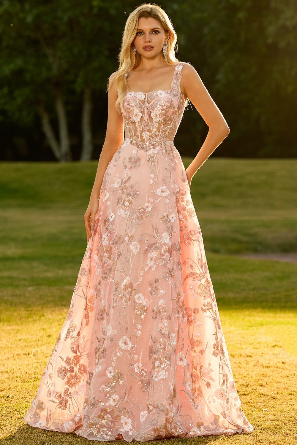 Pink Corset A-Line Embroidered Long Floral Prom Dress with Sequins