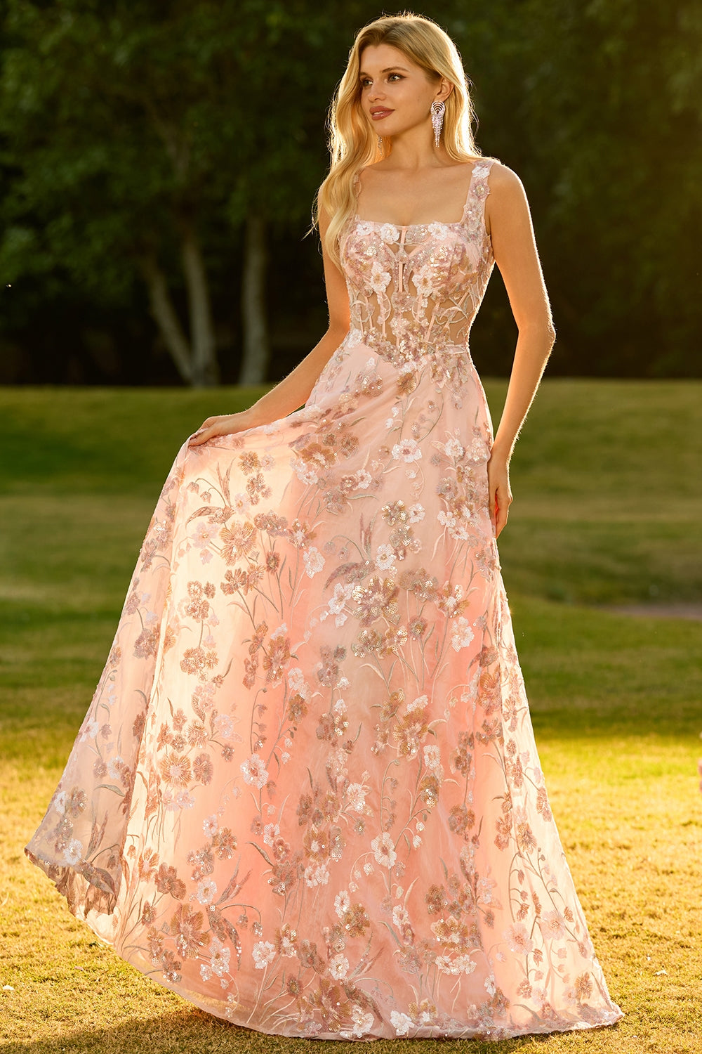 Pink Corset A-Line Embroidered Long Floral Prom Dress with Sequins