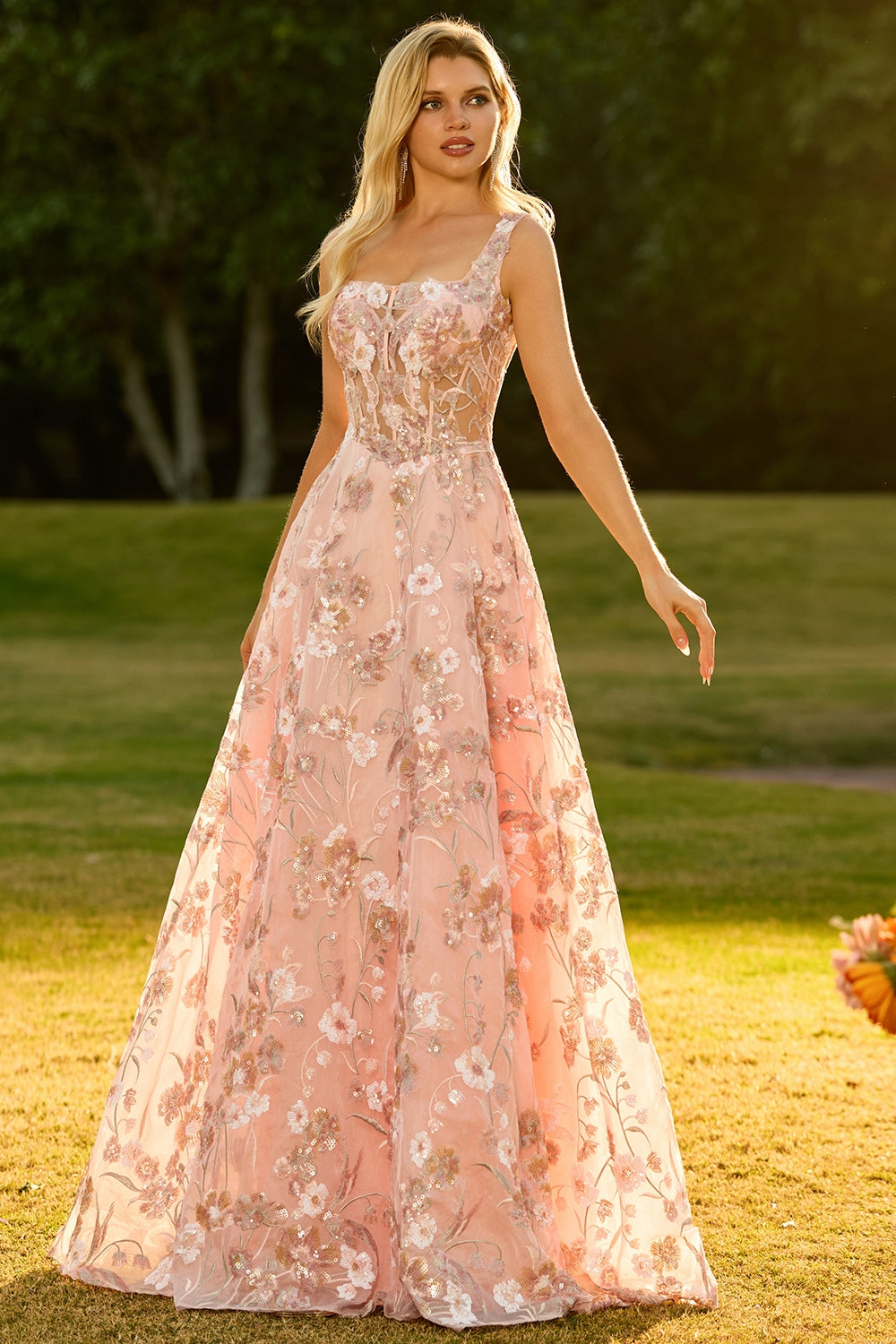 Pink Corset A-Line Embroidered Long Floral Prom Dress with Sequins