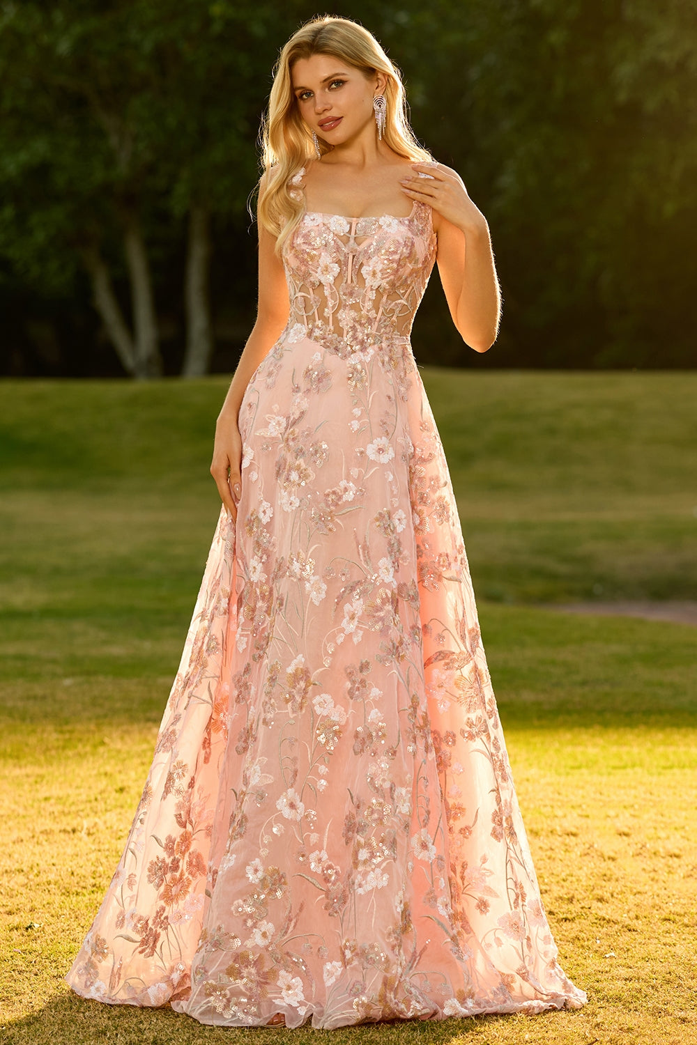 Pink Corset A-Line Embroidered Long Floral Prom Dress with Sequins