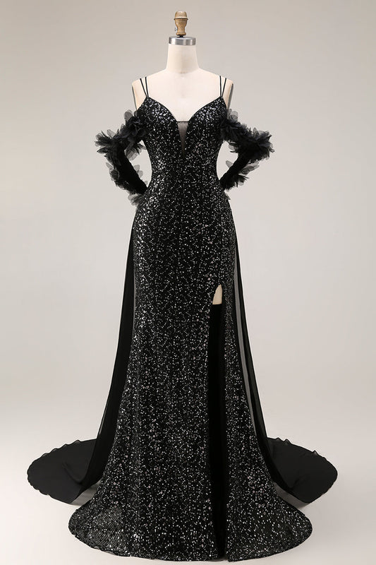 Robe longue de soirée noire à paillettes brillantes avec épaule dénudée et fente, style sirène