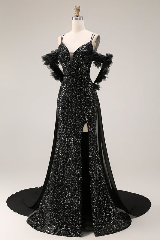 Robe longue de soirée noire à paillettes brillantes avec épaule dénudée et fente, style sirène