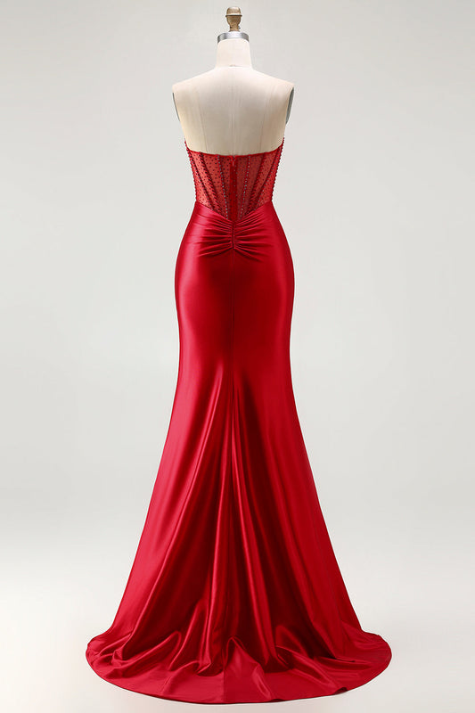 Red Strapless Mermaid Corset Beaded Ruched Satin Long Prom Dress with Slit