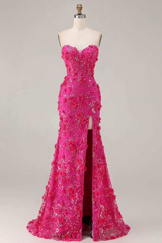 Robe longue de bal fuchsia sirène bustier corset avec fleurs 3D, sequins et fente