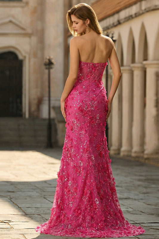 Robe de bal longue sans bretelles corset sirène fuchsia avec fleurs 3D, sequins et fente