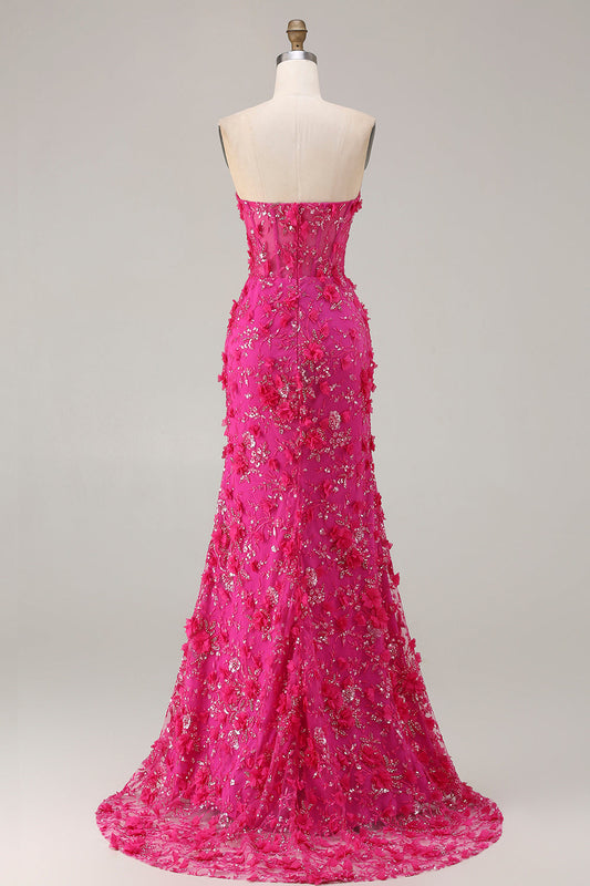 Robe longue de bal fuchsia sirène bustier corset avec fleurs 3D, sequins et fente