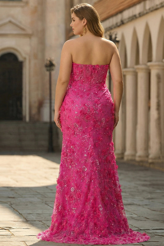 Robe de bal longue grande taille sans bretelles corset sirène fuchsia avec fleurs 3D, sequins et fente
