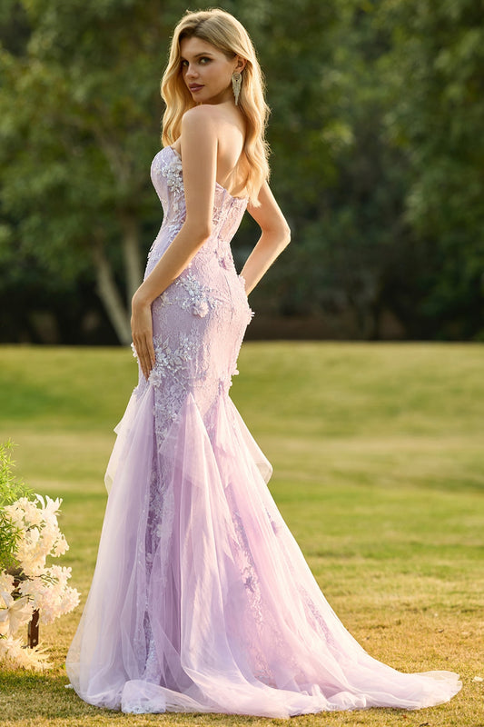 Robe de bal longue bustier sirène violette en dentelle avec corset et fleurs 3D