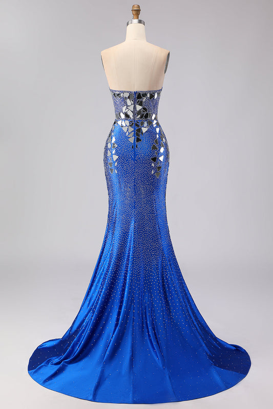 Royal Blue Mermaid Strapless Beaded Side Slit Long Prom Dress with Mirror