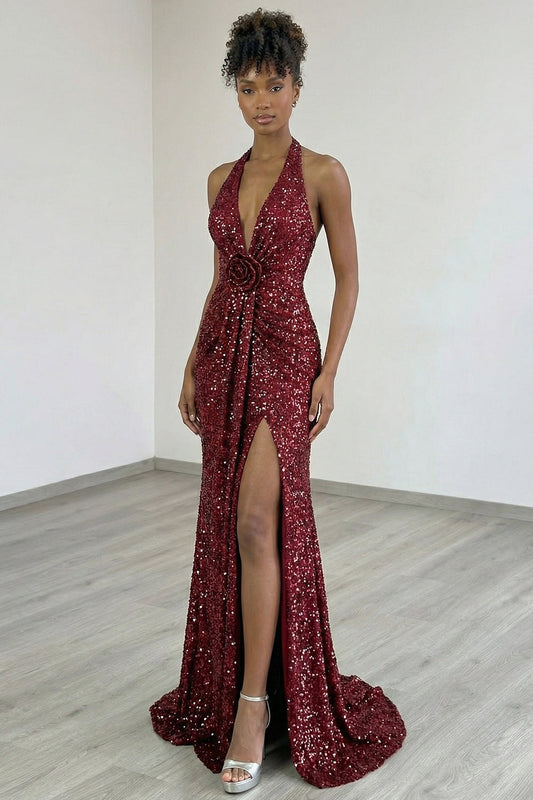 Robe de bal longue queue de sirène bordeaux scintillante à paillettes avec fente et dos nu