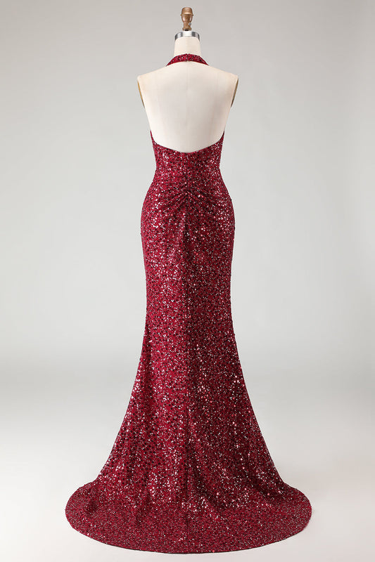 Robe de bal longue sirène à paillettes couleur bordeaux chatoyant avec fente et dos nu