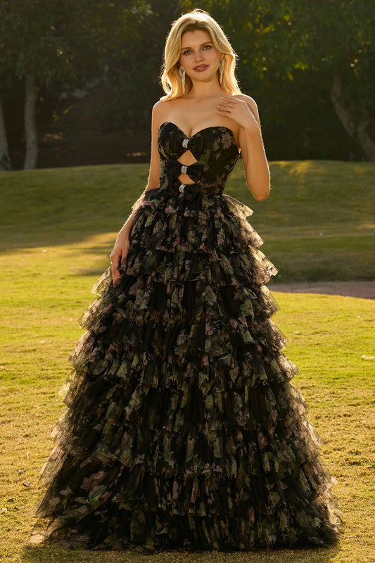 Black Strapless A-Line Tiered Ruffle Cut Out Long Prom Dress with Bows