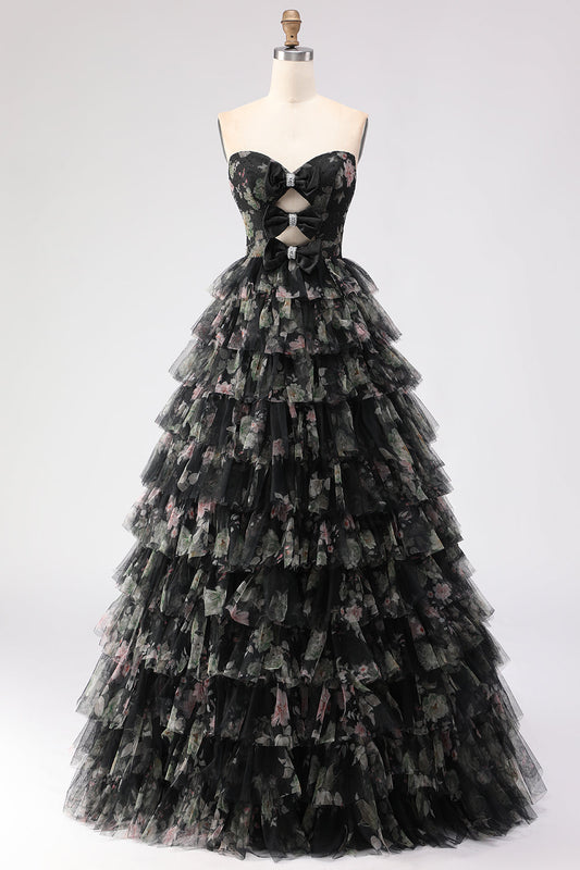 Black Tiered Ruffle A-Line Strapless Cutout Long Prom Dress with Bows