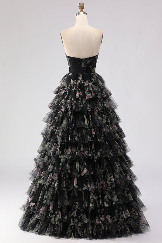 Black Tiered Ruffle A-Line Strapless Cutout Long Prom Dress with Bows