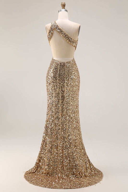 Sparkly One-Shoulder Cutout Mermaid Gold Sequin Long Prom Dress with Slit
