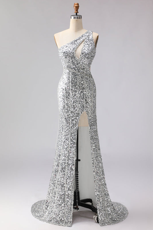 Robe de bal longue sirène à sequins fendue asymétrique argentée scintillante