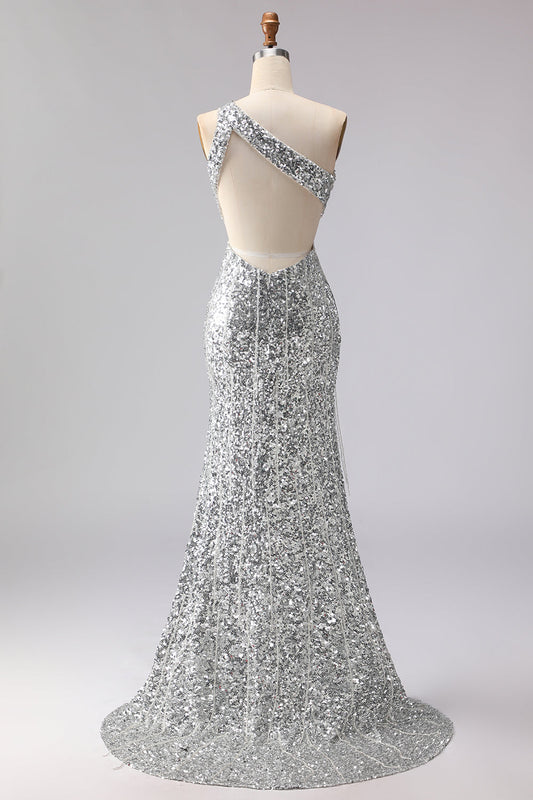 Robe de bal longue sirène à sequins fendue asymétrique argentée scintillante