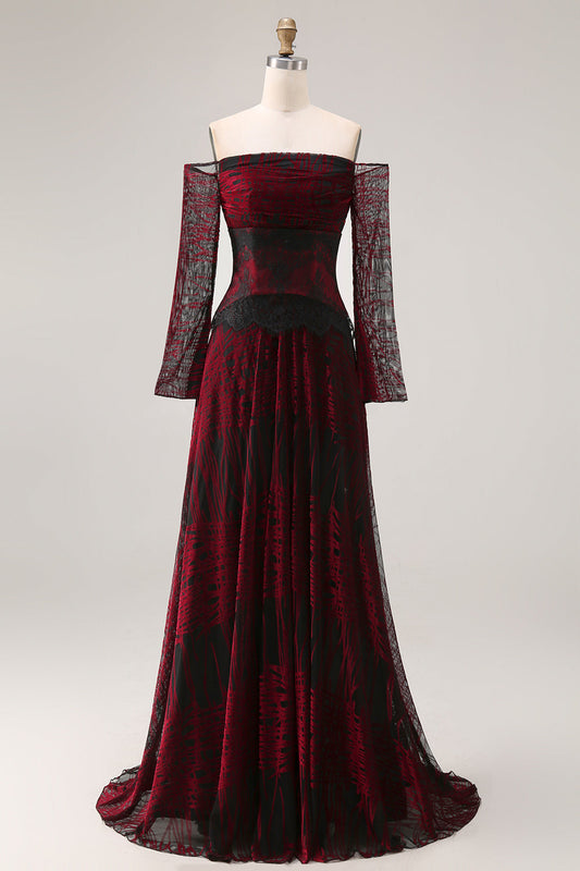 Black Red Off the Shoulder Printed A-Line Prom Dress with Long Sleeves