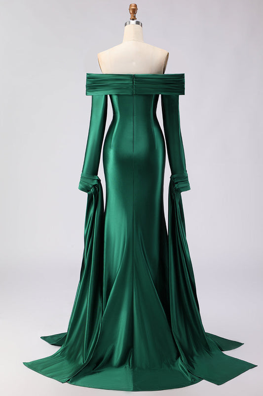 Robe de bal longue en satin vert foncé de sirène à épaules dénudées avec manches longues