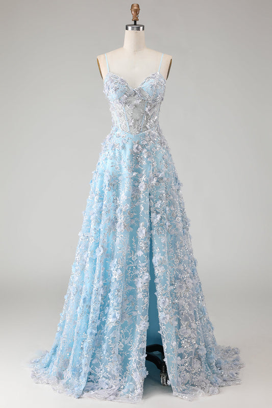 Robe longue de bal à paillettes bleues, coupe trapèze, avec corset transparent, applications et fente