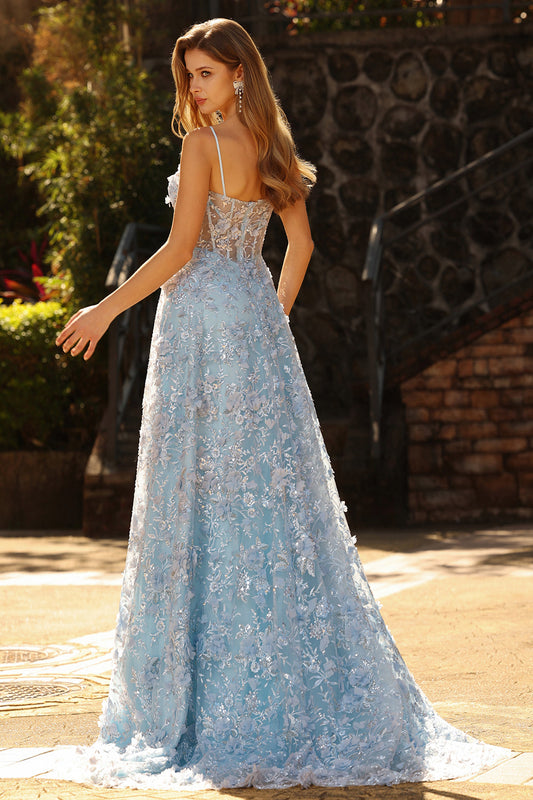 Robe longue de bal de promo à fleurs 3D, corset transparent, ligne A, paillettes bleues et fente