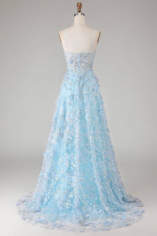 Robe longue de bal à paillettes bleues, coupe trapèze, avec corset transparent, applications et fente