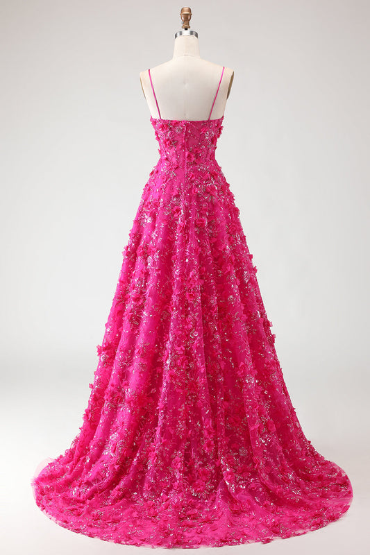 Robe de bal longue fuchsia à ligne A, sequins, corset transparent, fleurs 3D et fente