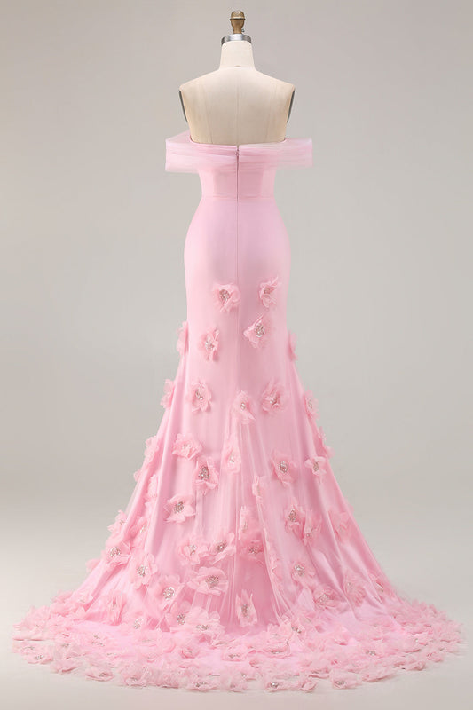 Pink 3D Flowers Off the Shoulder Mermaid Prom Dress