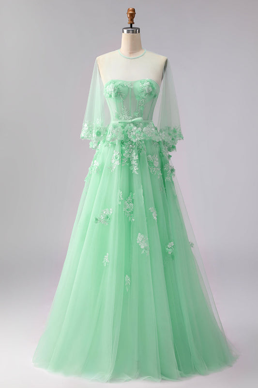 Robe de soirée longue verte, ligne A, bustier, tulle, appliqués, convertible