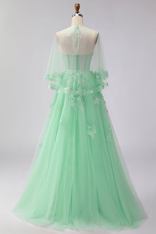 Robe de soirée longue verte, ligne A, bustier, tulle, appliqués, convertible