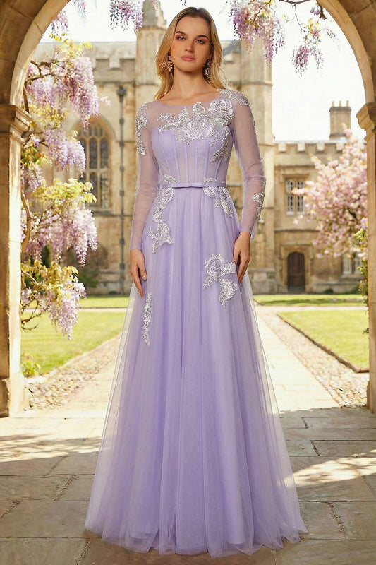 Robe de bal longue en tulle à corsage et sequins coupe trapèze lilas avec manches longues