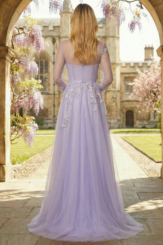 Robe de bal longue en tulle à corsage et sequins coupe trapèze lilas avec manches longues