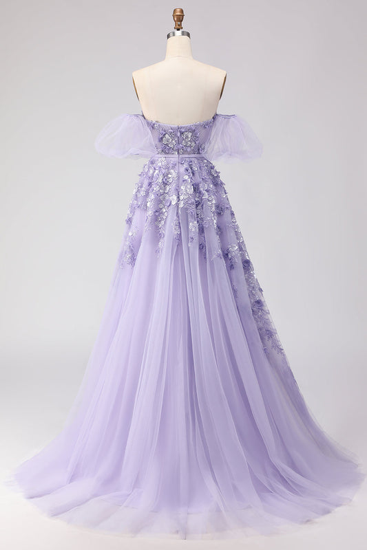 Purple Off The Shoulder Beaded A-Line Tulle Long Prom Dress with Removable Sleeves
