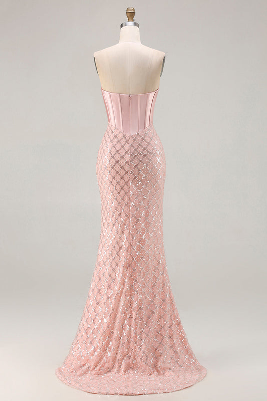 Blush Mermaid Sweetheart Corset Sequin Long Prom Dress with Beading