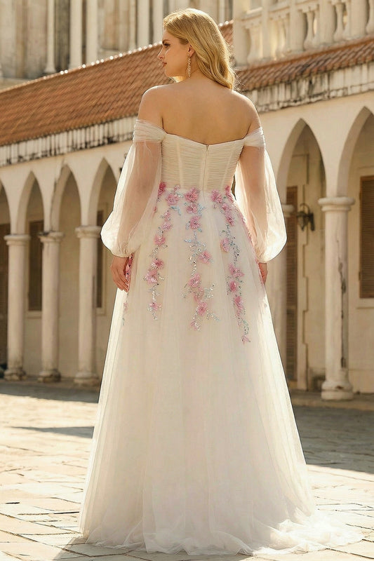 Robe longue grande taille trapèze en tulle brodé à épaules dénudées avec sequins