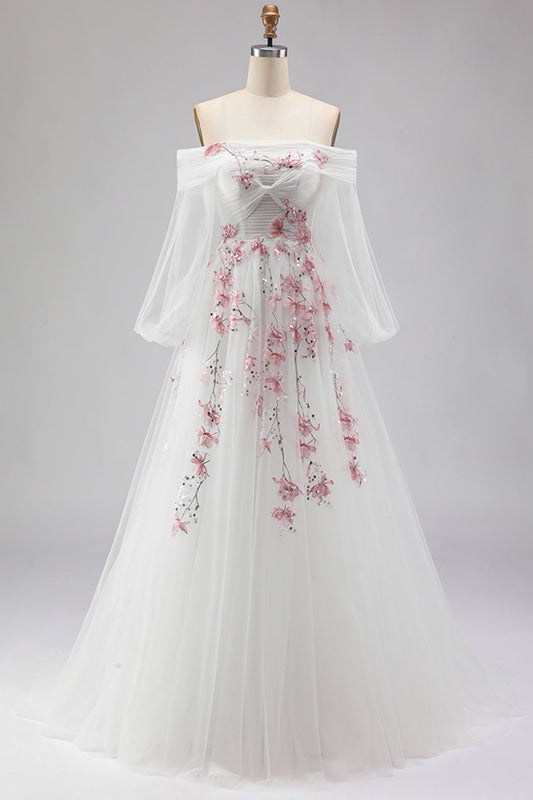 Robe de bal longue en tulle brodé A-line blanche à épaules dénudées avec paillettes