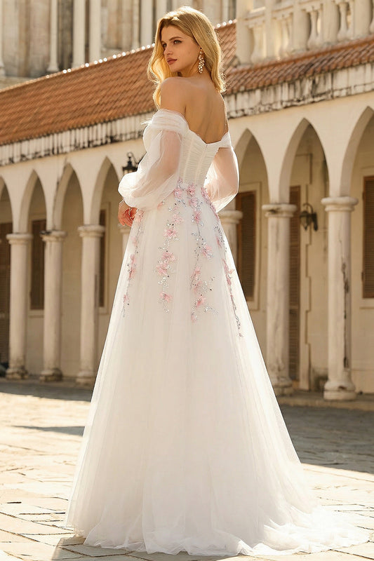 Robe de bal longue en tulle brodé A-line blanche, épaules dénudées, avec paillettes