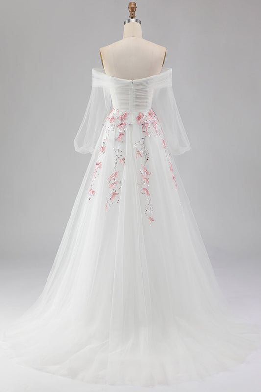 Robe de bal longue en tulle brodé A-line blanche à épaules dénudées avec paillettes