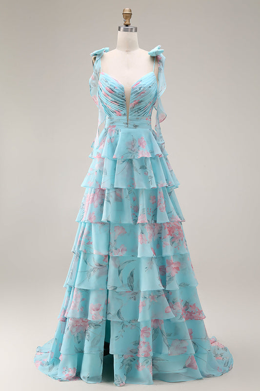 Blue Pink Flower A Line Ruffled Tiered Chiffon Long Prom Dress with Slit