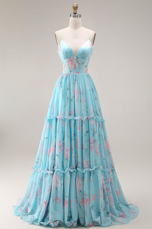 Blue Pink Flower A-Line Ruffled Corset Spaghetti Straps Chiffon Long Prom Dress
