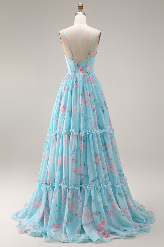 Blue Pink Flower A-Line Ruffled Corset Spaghetti Straps Chiffon Long Prom Dress