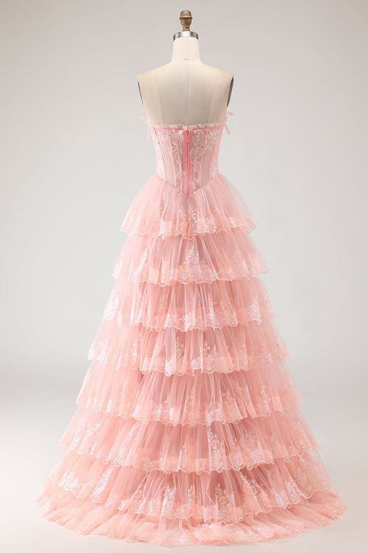 Blush Strapless Tiered Ruffle A Line Sequins Corset Long Prom Dress with Slit