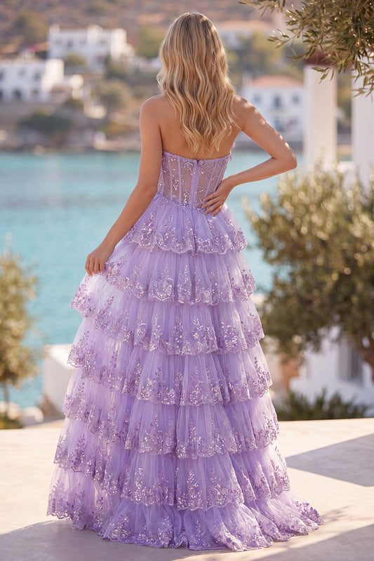Robe de bal longue lilas coupe trapèze bustier à corset à sequins volants étagés et fente