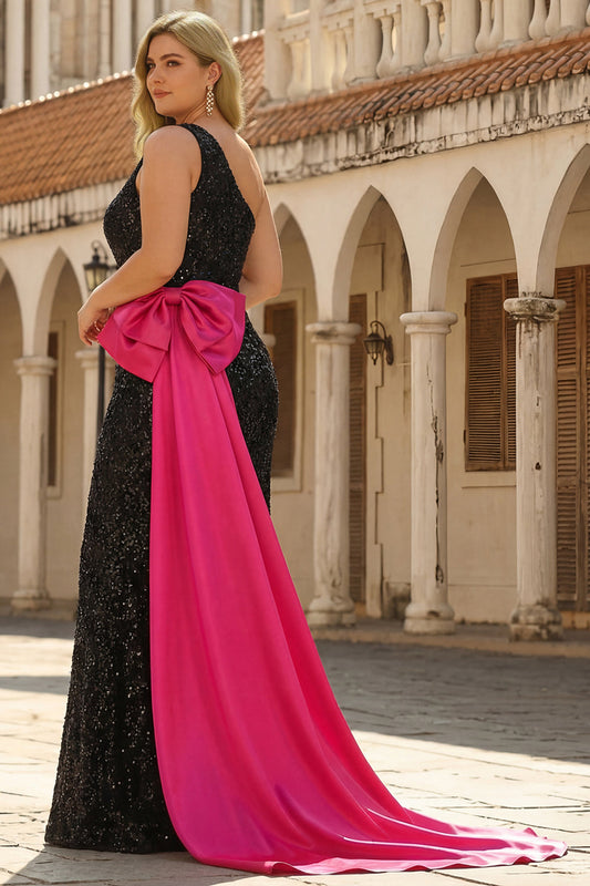 Sparkly Sequins Bow One Shoulder Black Mermaid Long Plus Size Prom Dress with Slit