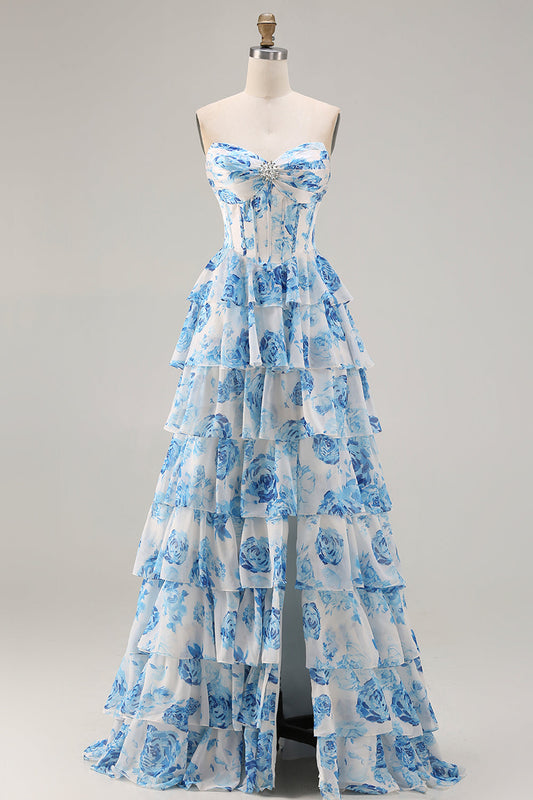 White Blue Floral Strapless A-Line Corset Tiered Ruffle Long Prom Dress with Slit