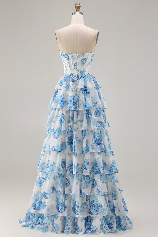 White Blue Floral Strapless A-Line Corset Tiered Ruffle Long Prom Dress with Slit