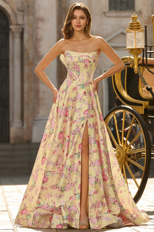 Robe longue de bal jaune rose à décolleté plongeant en V, ligne A, dos ouvert et fente