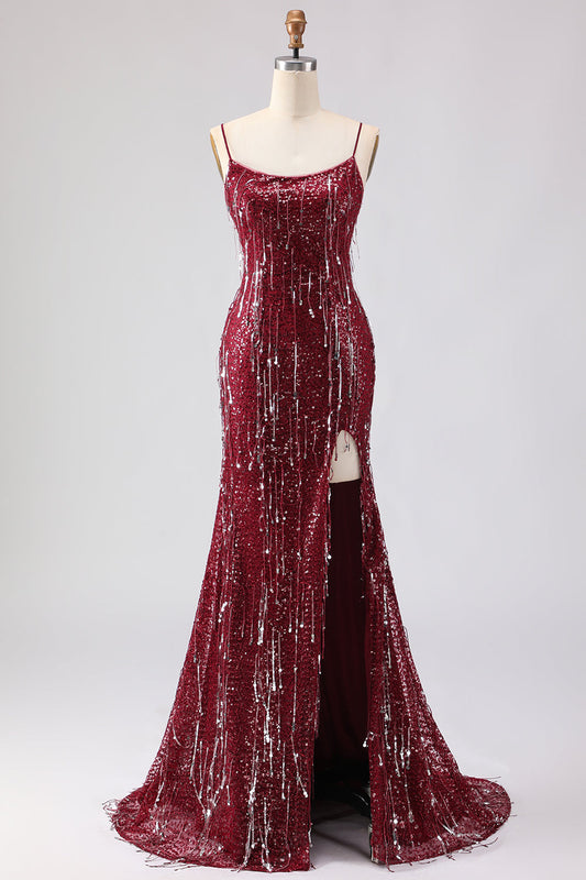 Robe de bal longue bordeaux pailletée sirène à sequins avec laçage au dos et fente