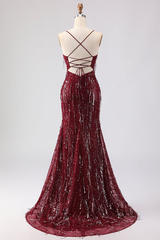 Robe de bal longue bordeaux pailletée sirène à sequins avec laçage au dos et fente